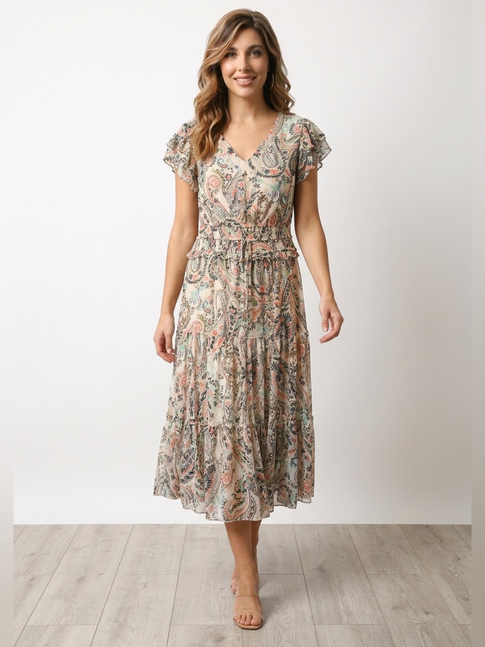 Paisley Wrap-Style Midi Dress in Beige and Coral